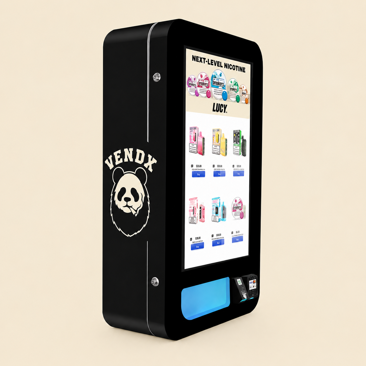 VendX branded smart vending machine with touch display, ID scanner, payment reader, and tamper-proof lock